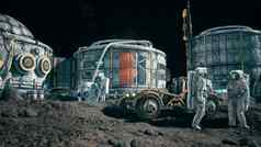 视图月球表面月球殖民地宇航员工作月球基地月球探测器呈现