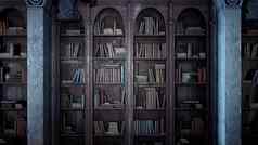 古老的中世纪的图书馆书cobweb-covered书架呈现