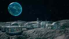 视图表面外星人地球空间殖民地月球基地宇宙飞船站附近的呈现