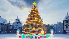 圣诞节树色彩斑斓的色彩斑斓的球雪人圣诞节一年装饰礼物小小镇期待假期呈现