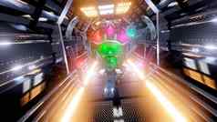巡逻军事无人机苍蝇走廊宇宙飞船科幻未来主义的空间隧道背景标题呈现