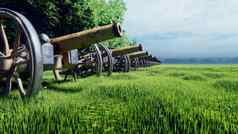 中世纪的大炮场中间绿色草日出战斗呈现