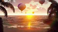 热空气气球蓝色的海日落美丽的夏天背景呈现