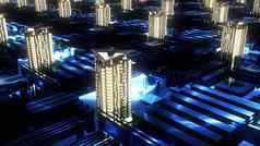 控制论未来主义的城市建筑摩天大楼技术风格呈现