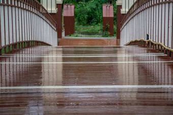 特写镜头照片木桥地板上雨反<strong>射灯</strong>