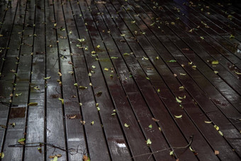特写镜头照片棕色（的）乡村木板材地板上下降叶子雨反射灯复制空间