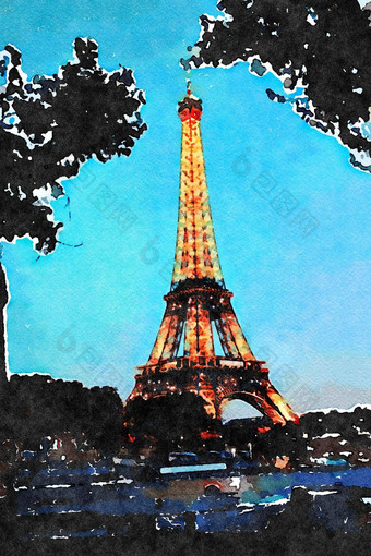 视图埃菲尔铁塔塔巴黎秋天晚上