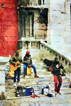 音乐家玩一边圣心couer教堂蒙马特区巴黎秋天