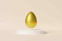 复活节蛋装饰黄金白色讲台上米色背景春天4月假期卡插图渲染