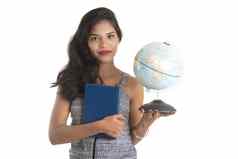 年轻的女孩学生持有书全球白色背景教育高学校大学大学概念
