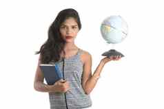 年轻的女孩学生持有书全球白色背景教育高学校大学大学概念