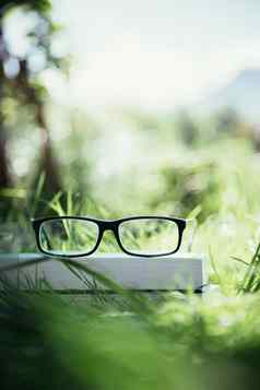 研究在户外眼镜书在户外公园春天时间