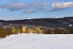 冬天景观美丽的哥特城堡维韦里布尔诺城市捷克共和国中央欧洲