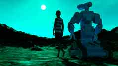 年轻的男孩机械机器人走太阳