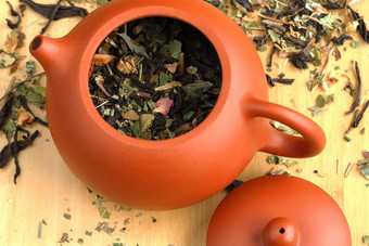 叶茶柳树茶酿造粘土棕色（的）茶壶