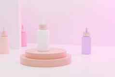 模型白色下降瓶血清化妆品产品广告米色讲台上场景插图渲染