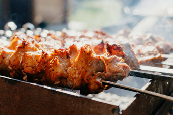 烹饪腌制猪肉烤肉串烧烤炸猪肉烤肉串开放火烧烤烹饪季节