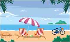 阳光明媚的视图海滩椅子伞自行车椰子