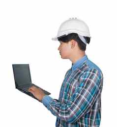 工程师持有移动PC头穿白色安全头盔塑料概念工作建设白色背景