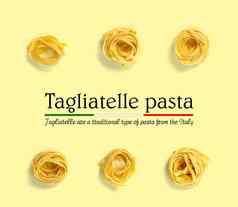 意大利意大利面蔬菜生意大利面意大利面条流行艺术背景平躺意大利生巢意大利面孤立的黄色的