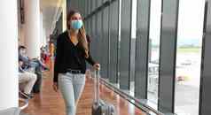 年轻的业务女人外科手术面具旅行电车行李走内部机场女执行手提箱业务旅行流感大流行全景横幅视图