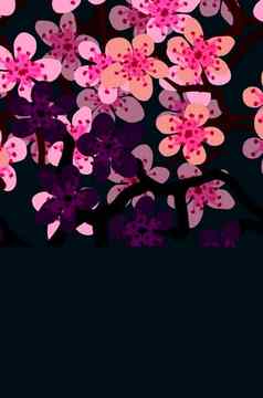 现代垂直业务卡设计模板粉红色的樱花樱桃开花花装饰黑色的背景模板溢价礼物凭证折扣优惠券问候卡包装复制空间