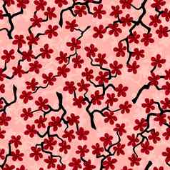 无缝的模式开花日本樱桃樱花分支机构织物包装壁纸纺织装饰设计邀请打印礼物包装制造业红色的花珊瑚背景