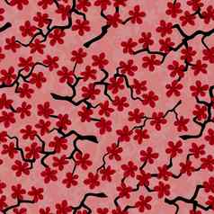 无缝的模式开花日本樱桃樱花分支机构织物包装壁纸纺织装饰设计邀请打印礼物包装制造业红色的花大马哈鱼背景
