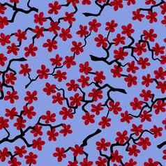 无缝的模式开花日本樱桃樱花分支机构织物包装壁纸纺织装饰设计邀请打印礼物包装制造业红色的花淡紫色背景