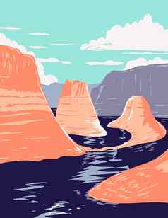 湖鲍威尔反射峡谷格伦峡谷国家娱乐区域犹他州曼联州美国水渍险海报艺术