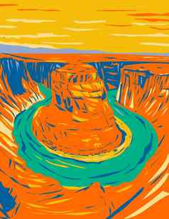 马蹄弯曲马蹄形有锯齿状边缘的漫步科罗拉多州河位于页面亚利桑那州曼联州水渍险海报艺术
