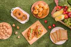 健康的野餐夏天假期新鲜烤羊角面包新鲜的水果水果沙拉三明治玻璃让人耳目一新橙色汁铺设红色的白色检查布阻碍