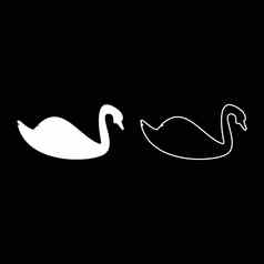 天鹅鸟waterbird轮廓白色颜色向量插图固体大纲风格图像
