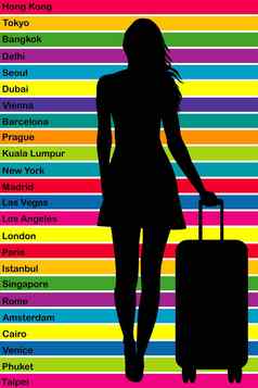 旅行世界概念轮廓女旅游著名的旅游城市