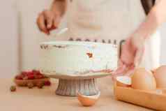 装饰蛋糕白色奶油概念自制的糕点烹饪蛋糕