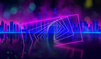 复古的波背景城市未来复古的synth插图城市湾反射水海滩海报未来主义的背景复古的激光城市网络概念未来主义的城市紫色的晚上天空日落聚会，派对霓虹灯科幻世界背景建筑体系结构