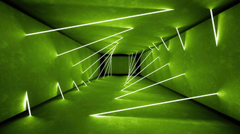 晚上俱乐部室内绿色灯渲染激光显示发光的绿色行摘要荧光绿色背景绿色霓虹灯房间走廊背景光摘要未来主义的设计现代几何发光室内的角度来看明亮的电灯壁纸墙照明技术隧道不光滑的反射领导灯背景呈现充满活力的颜色混凝