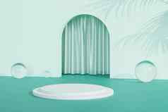 讲台上基座产品广告绿色薄荷空入口窗帘热带叶阴影最小的呈现