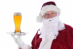 圣诞老人老人持有银盘玻璃啤酒孤立的白色
