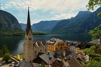 哈尔斯塔特景观美丽的山村奥地利阿尔卑斯山脉风景优美的图片明信片视图