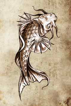 草图纹身艺术日本金鱼