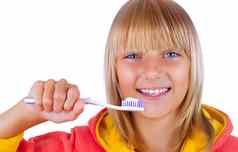 健康的牙齿十几岁的女孩刷牙牙齿