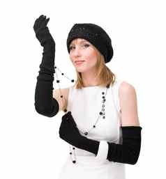 针织品女人穿冬天帽手套黑色的项链