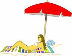 女孩sunbathes海滩