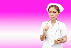 亚洲女护士医疗报告听诊器
