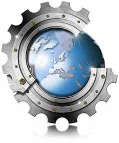 蓝色的地球全球内部大金属齿轮