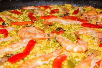 细节传统的西班牙语西班牙海鲜<strong>饭</strong>煮熟的锅