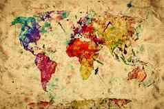 古董世界地图色彩斑斓的油漆水彩难看的东西纸