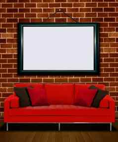 红色的沙发图片框架砖墙