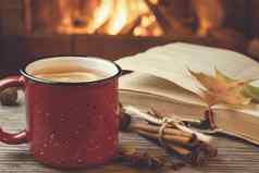 红色的杯子热茶开放书前面燃烧壁炉安慰放松温暖炉概念